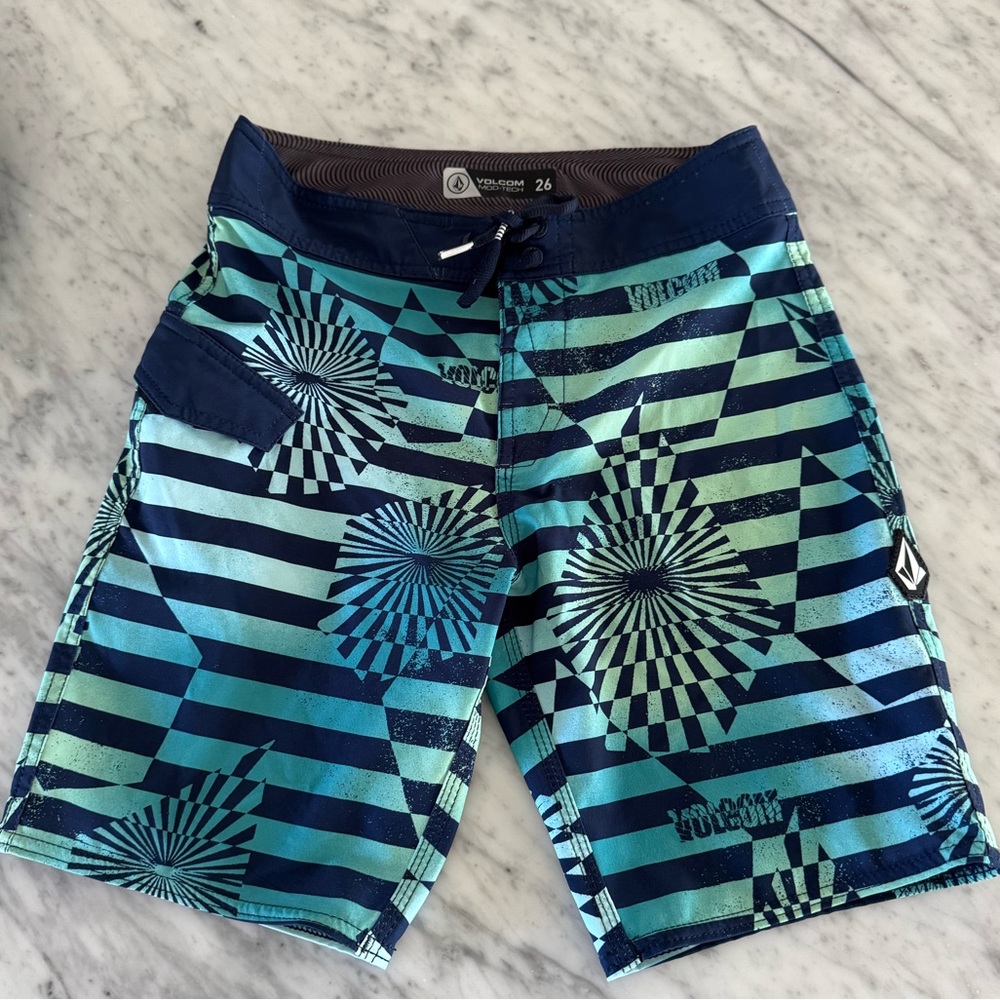 Volcom Blue and Green Striped Board Shorts 26 Boys